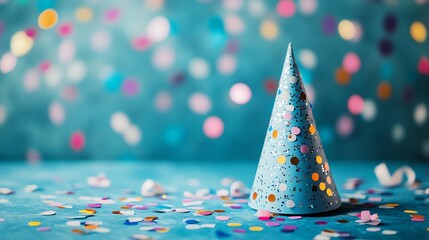 Blue Party Hat with Confetti on a Teal Background