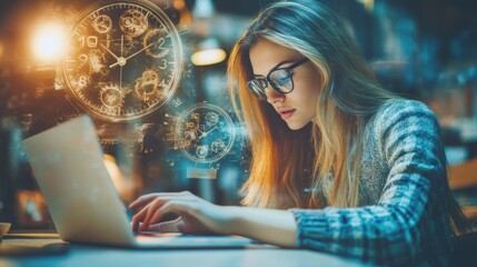 Woman working on a laptop at her office desk, a clock overlay with a double