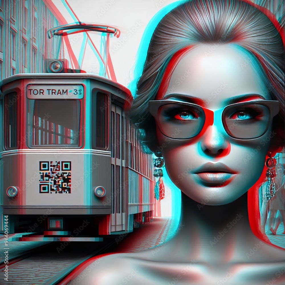 Wall mural anaglyph d effect with qr code in red tram in cyan and woman in
