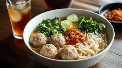 A steaming bowl of bakso meatball soup with noodles, meatballs, and fresh vegetables, paired with a side of spicy sambal sauce and a glass of iced tea on a wooden table