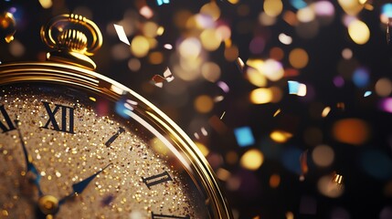 A Close-Up of a Glittering Gold Pocket Watch with Confetti in the Background