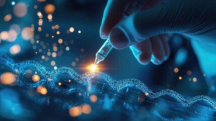 Close-up of a hand injecting serum into a DNA strand, symbolizing genetic research and biotechnology advancements.