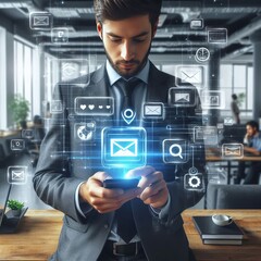 Businessman in a co working space holding a smartphone with holo