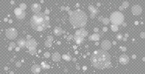 Light abstract glowing bokeh lights. Light bokeh effect isolated on transparent background. Christmas background from shining dust. Christmas concept flare sparkle. White png dust light.