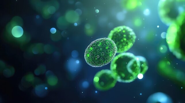Close-up of vibrant green microorganisms in a dynamic background, showcasing the beauty of microscopic life under a blue glow.
