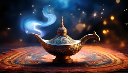 A magical genie lamp with swirling smoke on a starry rug.