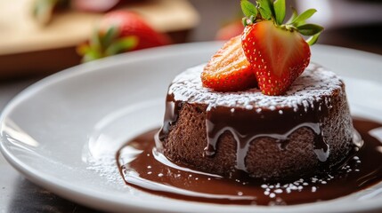 Chocolate pudding elegantly served on a white plate, garnished with a sliced strawberry and a sprinkle of powdered sugar, creating a gourmet dessert presentation