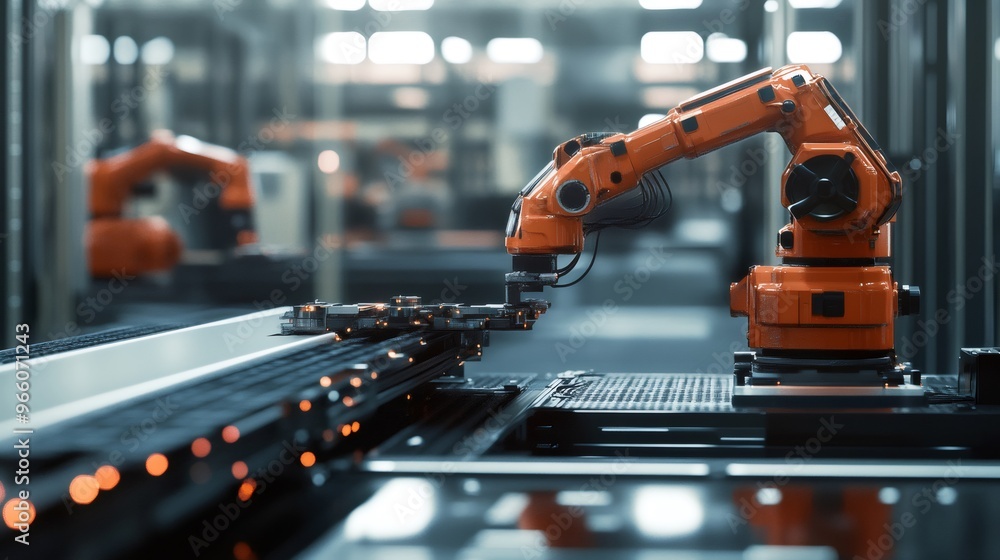 Poster an orange robotic arm is working on an assembly line in a modern factory.