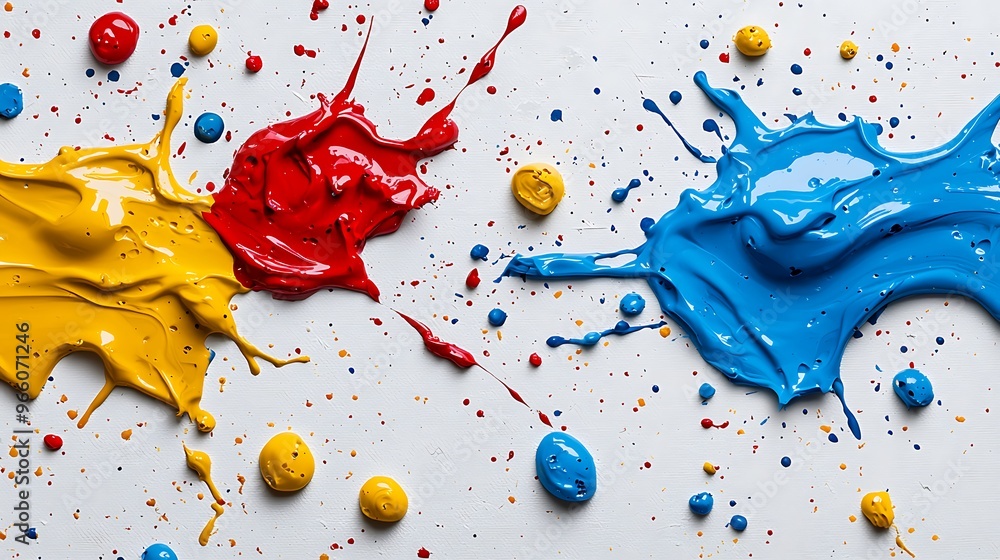 Poster colorful paint splashes and drops form a dynamic pattern on a white background.