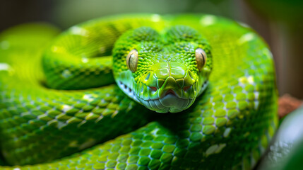 Fototapeta premium The green snake curled up into a ball in close-up. A venomous tree snake. Selective sharpness on the animal's nose. Snake Scales. The Year of the Snake
