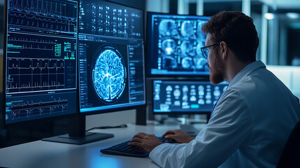 Doctor use computer AI technology support for telemedicine services, enabling high-quality healthcare delivery to patients in remote or underserved areas efficiently.