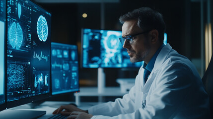 Doctor use computer AI technology support for telemedicine services, enabling high-quality healthcare delivery to patients in remote or underserved areas efficiently.