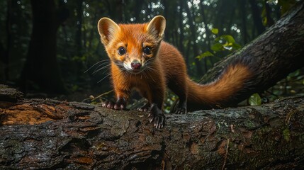 Fototapeta premium Red panda standing on a tree branch in a forest with dark background