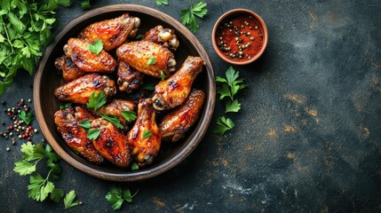 Flat lay of roasted chicken wings on a round plate over a dark stone surface, surrounded by spices and herbs. Ideal for showcasing delicious food preparation