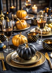 Elegant Black and Gold Halloween Dinner Table Setting for Memorable Gatherings