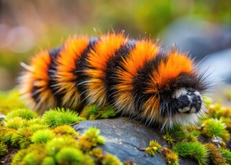 Fuzzy arctic woolly bear caterpillar with distinctive black and orange stripes crawls slowly on a moss-covered stone, showcasing its remarkable camouflage in the Arctic tundra.