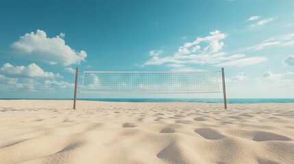 Beach Volleyball Court with Blue Sky and Sea Background - AI generated illustration