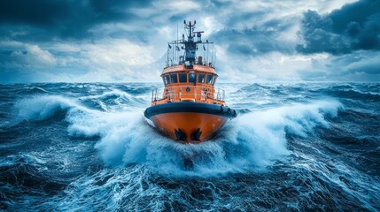 Fototapeta premium Rescue boat speeding through rough ocean waves during a storm