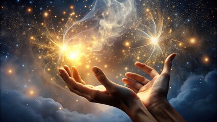 Glowing orbs and sparks emanate from elegant, curved fingers as if channeling mystical energy, surrounded by wisps of mist and subtle, shimmering light.