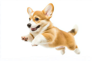 Cute corgi puppy isolated on white background, Jump puppy isolated on white background, Jump posture baby dog with short leg for advertisement commercial.