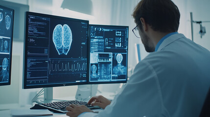 Doctor use computer AI technology support to predict potential health issues early, improving preventative care and optimizing treatment plans for better patient outcomes.