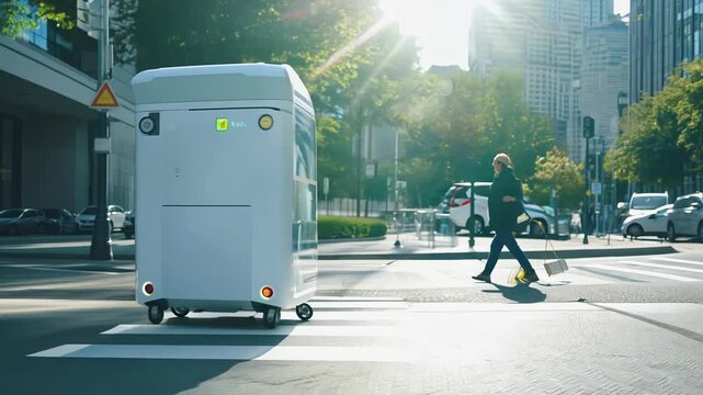 A delivery robot moves along city streets, maneuvering through traffic and pedestrians in bright afternoon sunlight