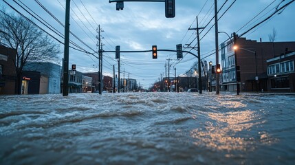 Flooded streets of downtown Nashville, with water flowing rapidly past traffic lights and street signs, showing the power of nature