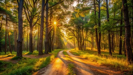 Fototapeta premium Golden Hour Sunlight Filters Through Tall Trees In An Oklahoma National Forest, Illuminating A Winding Dirt Path Leading Into The Distance.