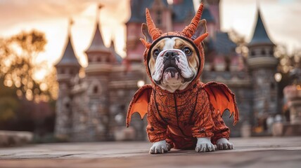A playful dog dressed as a dragon in front of a whimsical castle, perfect for pet lovers and fantasy enthusiasts.