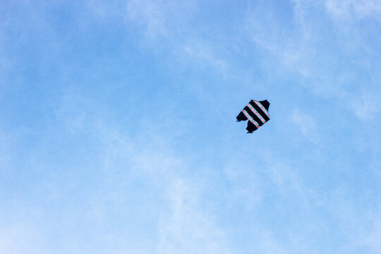 a kite flying in the blue sky.