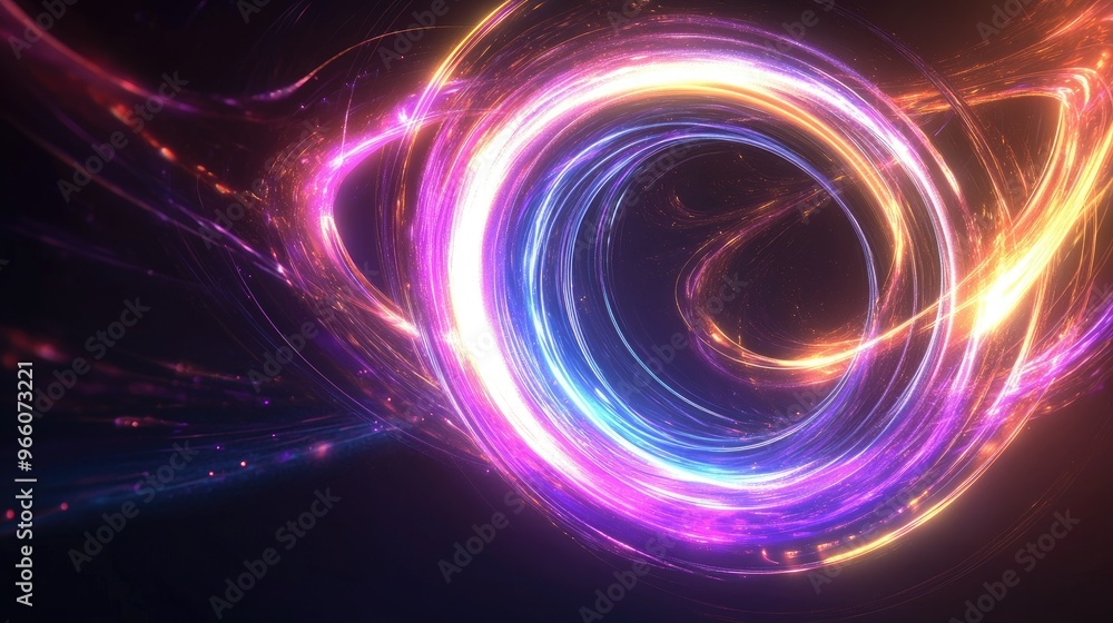 Poster glowing swirl light effect with a circular lens flare against a dark background, creating an abstrac