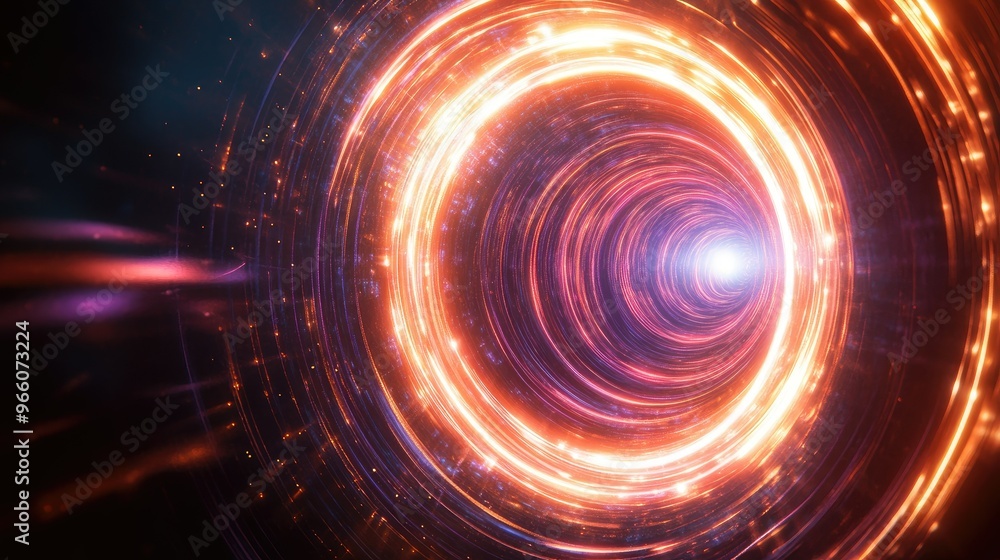 Poster glowing swirl light effect with a circular lens flare against a dark background, creating an abstrac