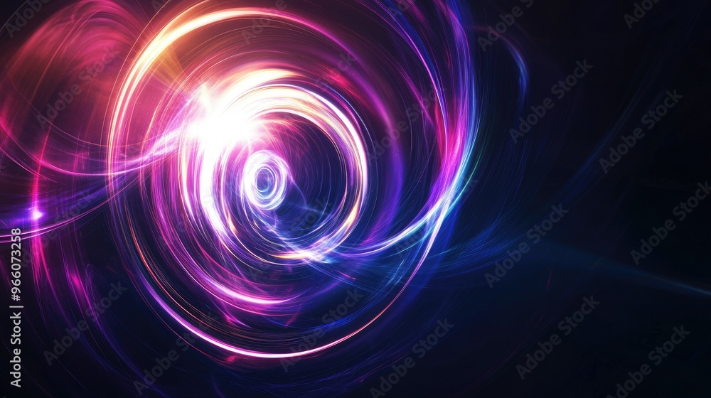 Poster glowing swirl light effect with a circular lens flare against a dark background, creating an abstrac