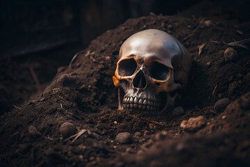 The skull is on a pile of dirt, a bone lying on the ground