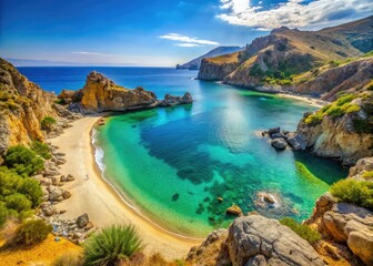 Golden sand stretches along crystal-clear turquoise waters, surrounded by rugged cliffs and lush greenery, at serene Lygaria Beach in Crete, Greece.