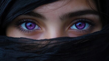 Naklejka premium Closeup of the violet eyes of a girl with her face wrapped in a black scarf generative ai