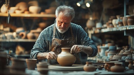 Elderly man crafting pottery in a studio surrounded by clay pots and tools