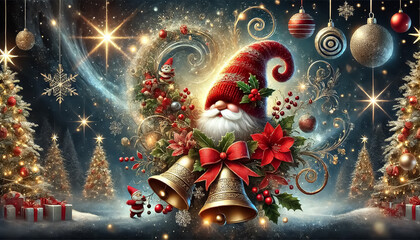 Santa Claus decorated with Christmas ornaments, in red tones