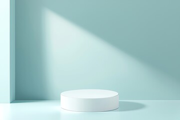 A realistic 3D display podium mockup in pastel blue with neon circle at the center of the scene. A minimal scene with cylinder platforms and spotlights for product displays. Modern illustration of a
