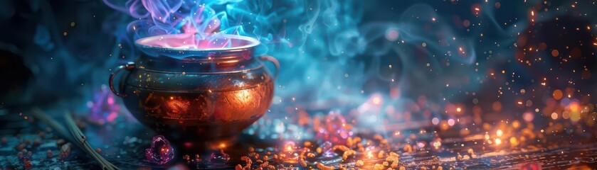 A mystical cauldron with colorful magical smoke and glowing particles creating an enchanting and fantasy-inspired atmosphere in a dark setting.