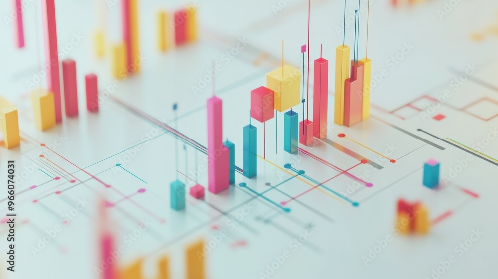 Poster abstract 3d financial chart with candlestick patterns and trend lines on a white
