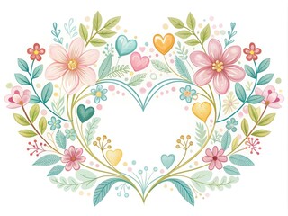 Heartfelt expression of love and affection through a delicate hand-drawn design featuring intertwined hearts, flowers, and soothing pastel colors on a soft white background.