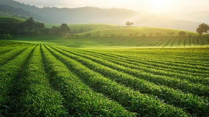 A serene landscape of lush green fields, beautifully arranged in rows under a soft morning light reflecting tranquility and freshness.