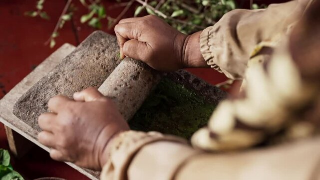 An Asian woman grinds leaves from the henna tree to make henna paste