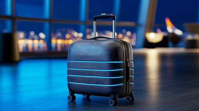 A blue suitcase gleams in the light at an airport terminal, ready for travel adventures.