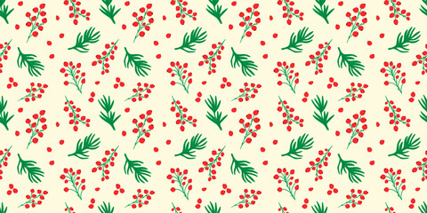 Vector seamless pattern of various small red berries, single and twigs. Germs of rowan, viburnum, blueberry, lingonberry, cranberry. Botanical texture hand drawn in flat doodle style