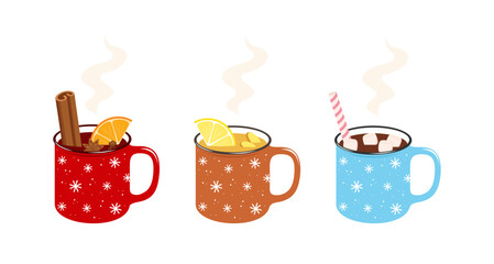 Set of hot winter drinks. Cup of mulled wine, cup of lemon ginger tea and cup of hot chocolate, isolated on a white background. Flat vector illustartion