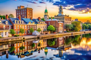 Fototapeta premium Historic downtown Wilmington, Delaware, features beautiful colonial architecture, charming streets, and scenic Brandywine River waterfront, showcasing the state's rich history and cultural heritage.