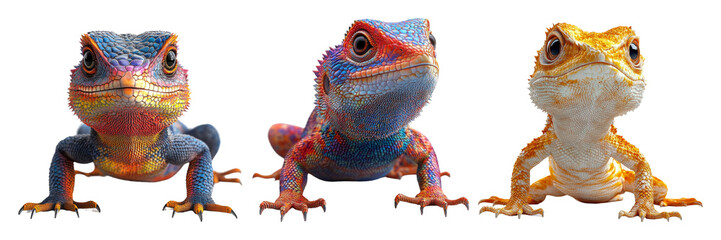 Three colorful reptiles with unique patterns on their skin isolated on transparent background