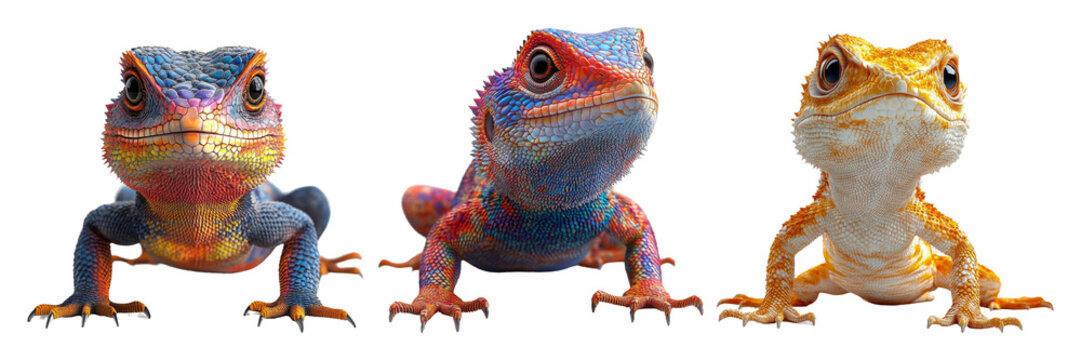 Three colorful reptiles with unique patterns on their skin isolated on transparent background